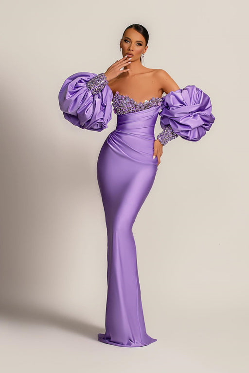 Purple Mermaid Prom Dress with Bubble Sleeves and Long Sleeves