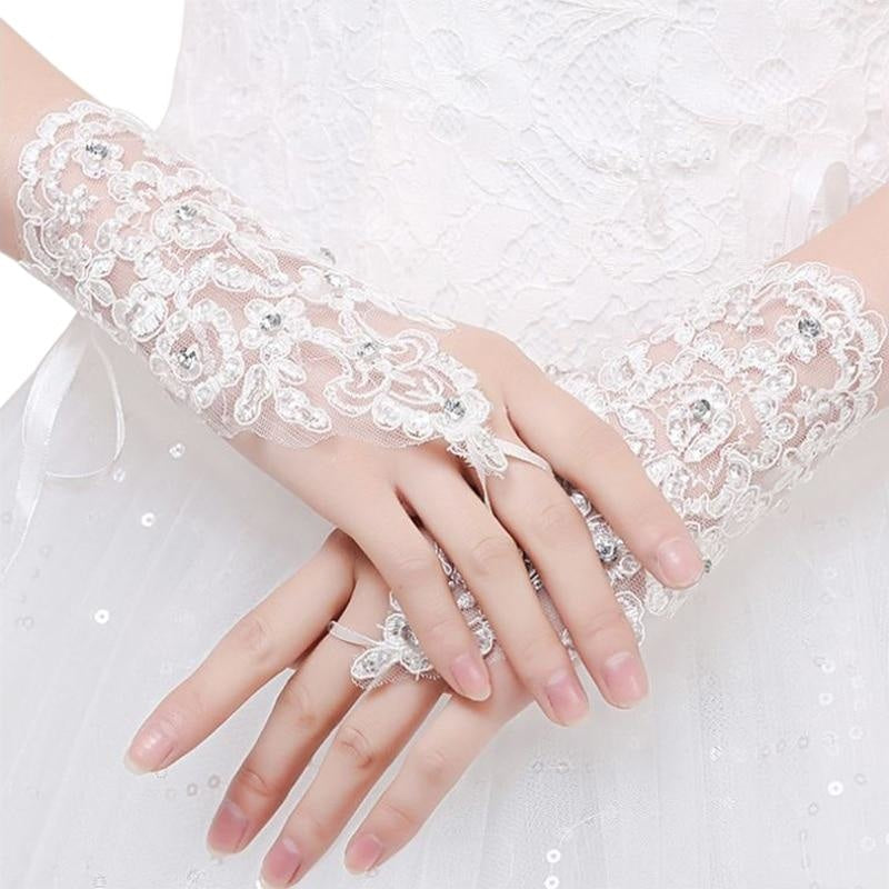 Fingerless Elegant Short Lace Wedding Gloves | Bridelily - Ivory - wedding gloves