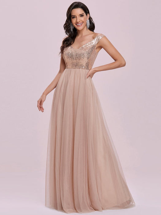 Flesh Color Homecoming Dress A-Line V-Neck Sleeveless Backless Sequined Tulle Floor-Length Evening Dress