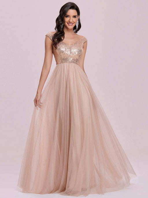 Flesh Color Homecoming Dress A-Line V-Neck Sleeveless Backless Sequined Tulle Floor-Length Evening Dress