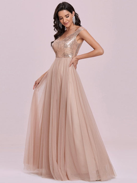 Flesh Color Homecoming Dress A-Line V-Neck Sleeveless Backless Sequined Tulle Floor-Length Evening Dress