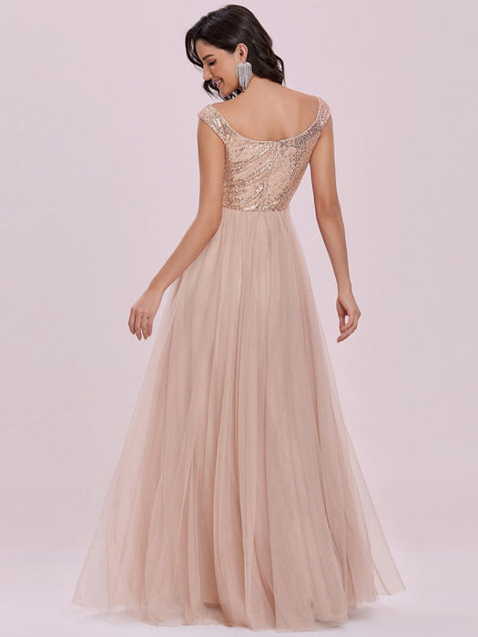Flesh Color Homecoming Dress A-Line V-Neck Sleeveless Backless Sequined Tulle Floor-Length Evening Dress