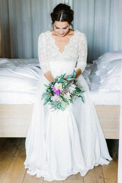 Floor Length Chiffon Beach Lace Backless Wedding Dress - Wedding Dresses