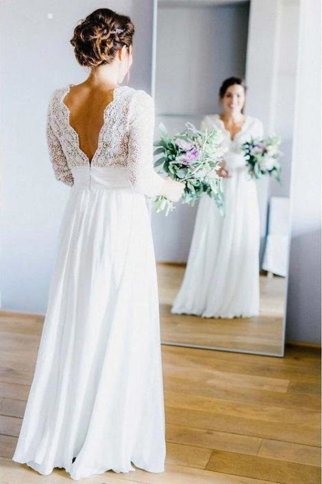 Floor Length Chiffon Beach Lace Backless Wedding Dress - Wedding Dresses