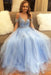 Floor Length Light Blue Straps Off Shoulder Tulle Prom Dress with Beading - Prom Dresses