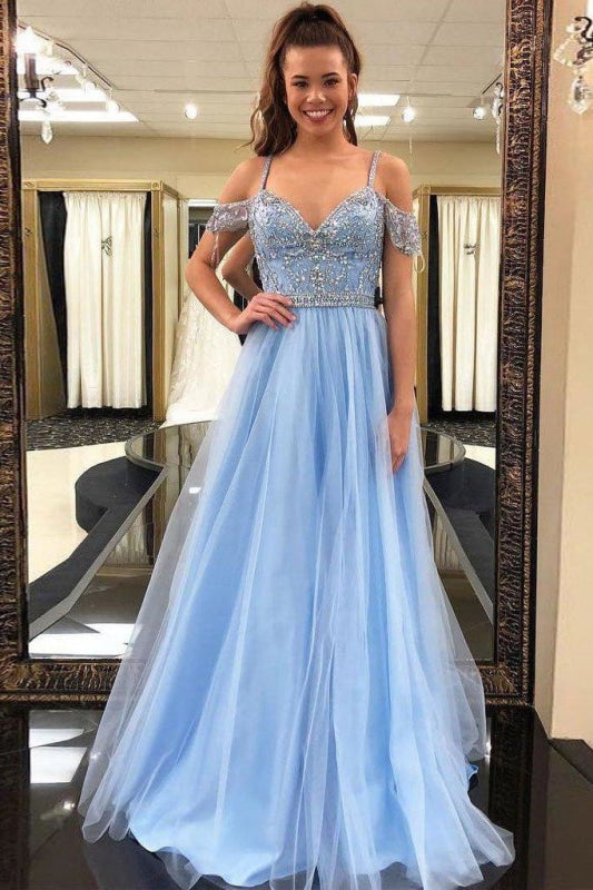 Floor Length Light Blue Straps Off Shoulder Tulle Prom Dress with Beading - Prom Dresses
