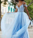Floor Length Light Blue Straps Off Shoulder Tulle Prom Dress with Beading - Prom Dresses