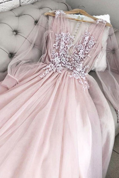 Floor Length Long Sheer Sleeves V Neck Prom Dress with Lace Appliques - Prom Dresses