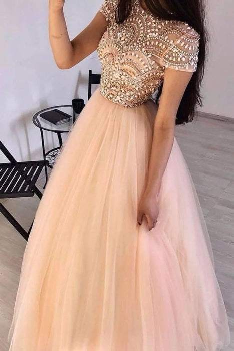 Floor Length Round Neck Tulle Prom with Beading Short Sleeves Long Evening Dress - Prom Dresses