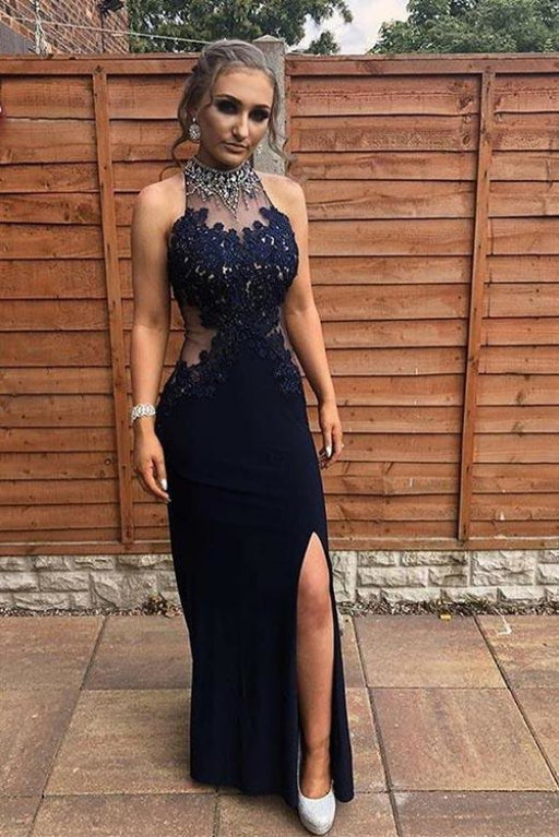 Floor Length Sheath High Neck Evening Dress with Side Slit Appliques Prom Gown - Prom Dresses