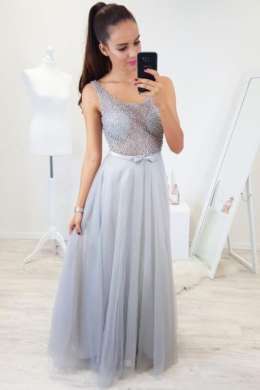 Floor Length Sleeveless Beading Tulle Dresses Sexy Long Senior Prom Gown - Prom Dresses