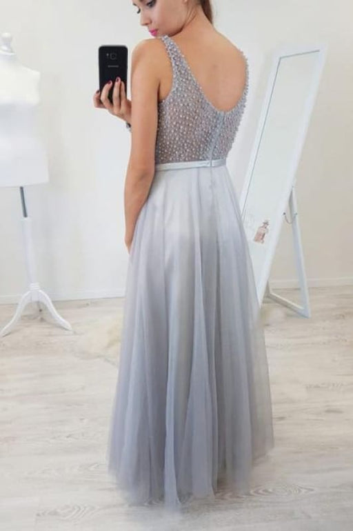 Floor Length Sleeveless Beading Tulle Dresses Sexy Long Senior Prom Gown - Prom Dresses
