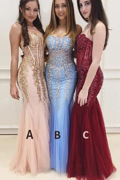 Floor Length Sweetheart Mermaid Prom with Appliques Strapless Tulle Formal Dress - Prom Dresses