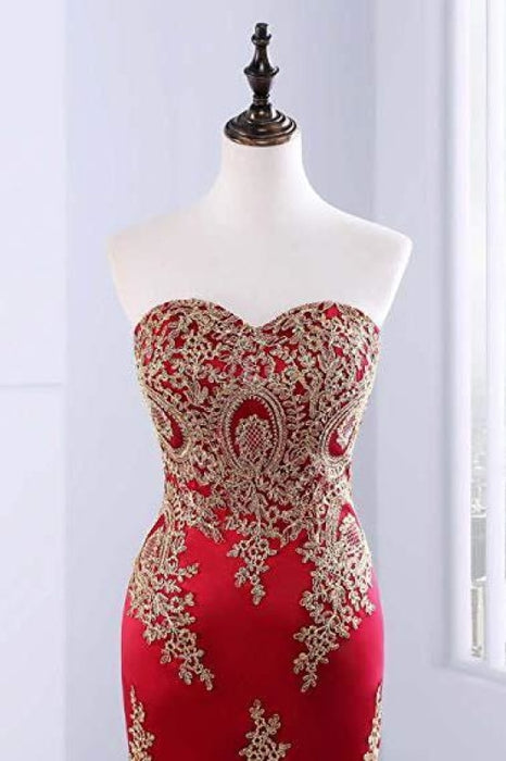 Floor Length Sweetheart Mermaid Red Prom Gold Appliqued Long Evening Dress - Prom Dresses
