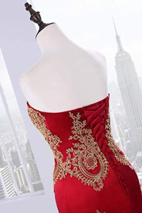 Floor Length Sweetheart Mermaid Red Prom Gold Appliqued Long Evening Dress - Prom Dresses