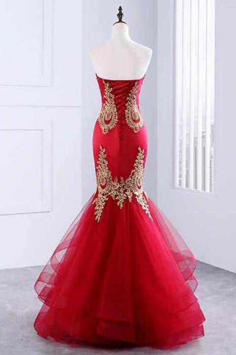 Floor Length Sweetheart Mermaid Red Prom Gold Appliqued Long Evening Dress - Prom Dresses
