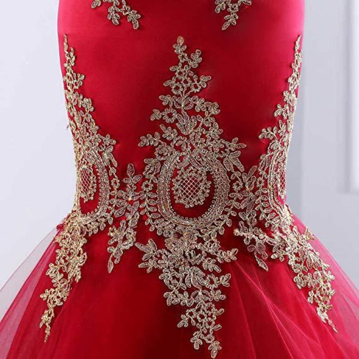 Floor Length Sweetheart Mermaid Red Prom Gold Appliqued Long Evening Dress - Prom Dresses