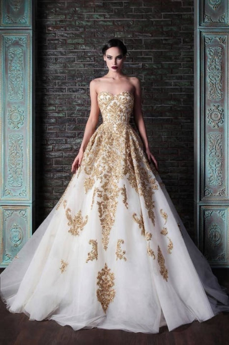 Floor Length Sweetheart Tulle Prom with Gold Beading Long Wedding Dress - Prom Dresses