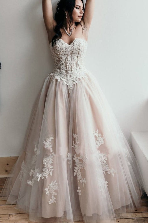 Floor Length Sweetheart Tulle Wedding with Lace Appliques Long Dress - Wedding Dresses