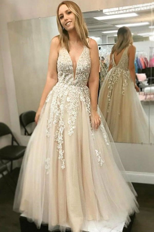 Floor Length V Neck Sleeveless Party with Lace Appliques Long Prom Dress - Prom Dresses