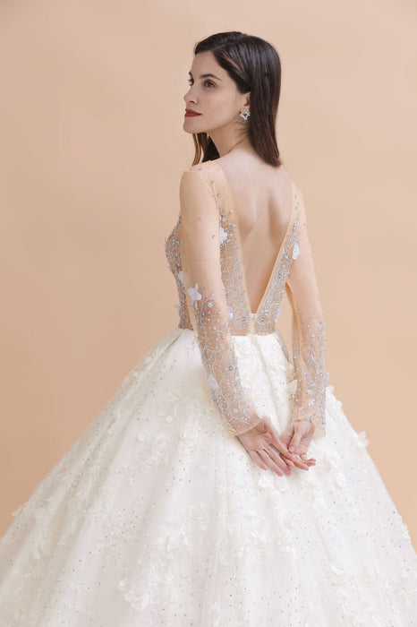 Floral Jewel Crystal Beads Long Sleeve Ball Gown Wedding Dress Bridelily Floral Jewel Crystal Beads Long Sleeve Ball Gown Wedding Dress Bridelily