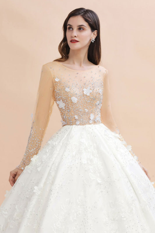 green emerald velvet dress Floral Jewel Crystal Beads Long Sleeve Ball Gown Wedding Dress — Bridelily