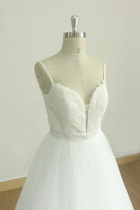 Bridelily Spaghetti Strap Lace Tulle A-line Wedding Dress - wedding dresses