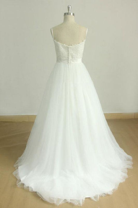 Bridelily Spaghetti Strap Lace Tulle A-line Wedding Dress - wedding dresses