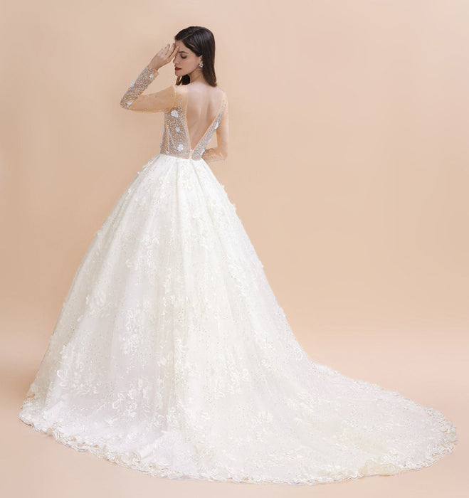 Floral Jewel Crystal Beads Long Sleeve Ball Gown Wedding Dress Bridelily Floral Jewel Crystal Beads Long Sleeve Ball Gown Wedding Dress Bridelily