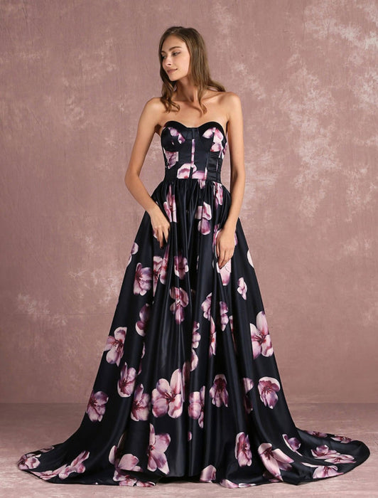Floral Pageant Dress Black Sweatheart Strapless Long Prom Dress Boned Printed Chapel Train Occasion Dress