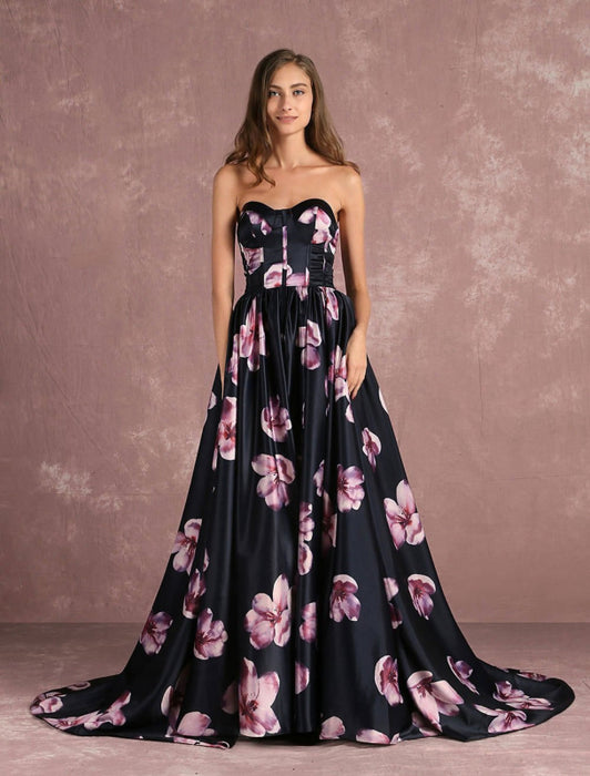 Floral Pageant Dress Black Sweatheart Strapless Long Prom Dress Boned Printed Chapel Train Occasion Dress