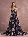Floral Pageant Dress Black Sweatheart Strapless Long Prom Dress Boned Printed Chapel Train Occasion Dress