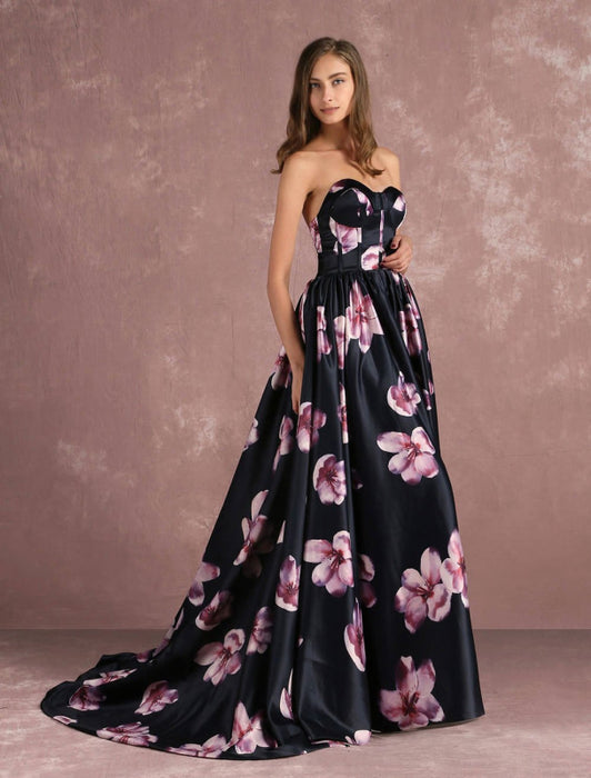 Floral Pageant Dress Black Sweatheart Strapless Long Prom Dress Boned Printed Chapel Train Occasion Dress
