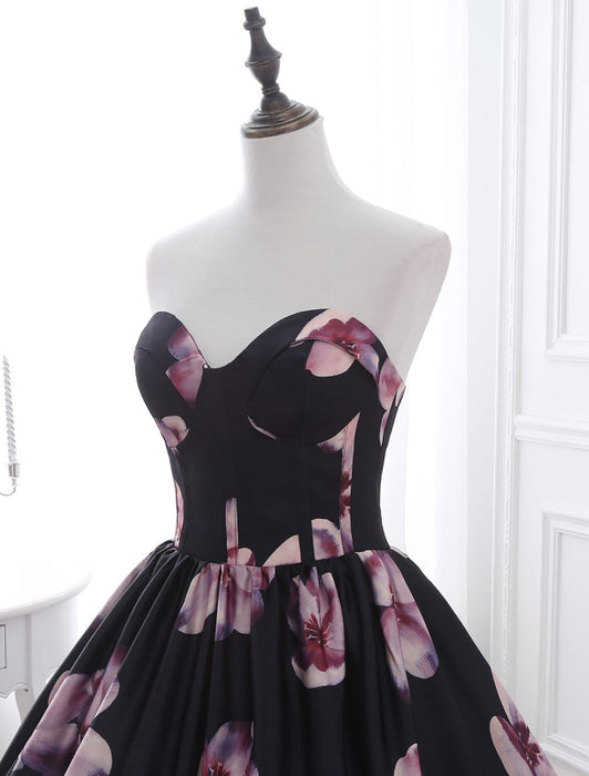 Floral Pageant Dress Black Sweatheart Strapless Long Prom Dress Boned Printed Chapel Train Occasion Dress