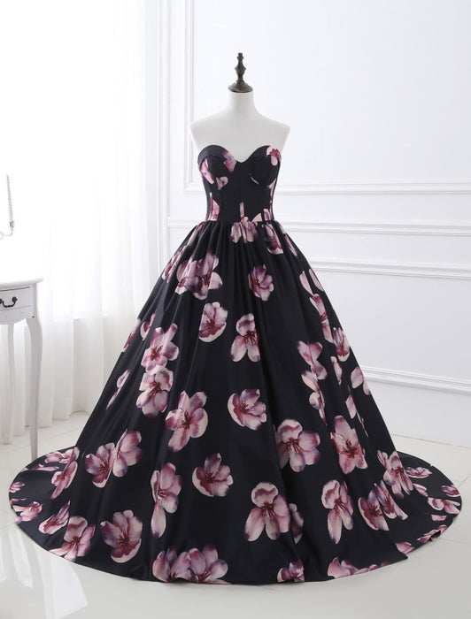 Floral Pageant Dress Black Sweatheart Strapless Long Prom Dress Boned Printed Chapel Train Occasion Dress