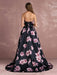 Floral Pageant Dress Black Sweatheart Strapless Long Prom Dress Boned Printed Chapel Train Occasion Dress