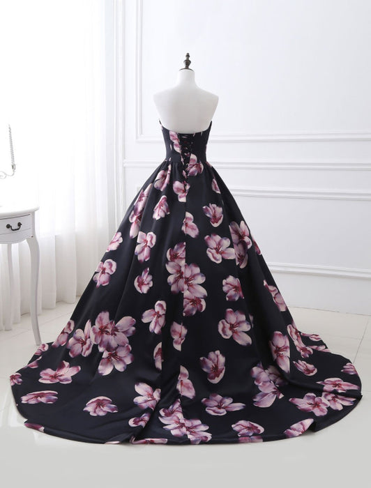 Floral Pageant Dress Black Sweatheart Strapless Long Prom Dress Boned Printed Chapel Train Occasion Dress