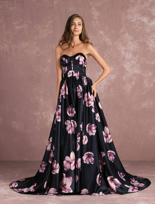 Floral Pageant Dress Black Sweatheart Strapless Long Prom Dress Boned Printed Chapel Train Occasion Dress