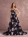 Floral Pageant Dress Black Sweatheart Strapless Long Prom Dress Boned Printed Chapel Train Occasion Dress