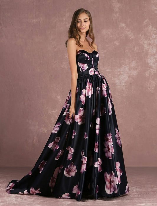 Floral Pageant Dress Black Sweatheart Strapless Long Prom Dress Boned Printed Chapel Train Occasion Dress