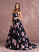 Floral Pageant Dress Black Sweatheart Strapless Long Prom Dress Boned Printed Chapel Train Occasion Dress