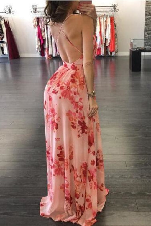 Floral Print Pleated Backless Slip Prom Sexy V Neck Party Dress - Prom Dresses