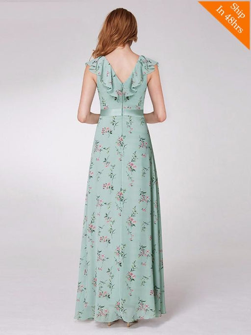 Floral V-neck Ruffles A-Line Bridesmaid Dresses - bridesmaid dresses