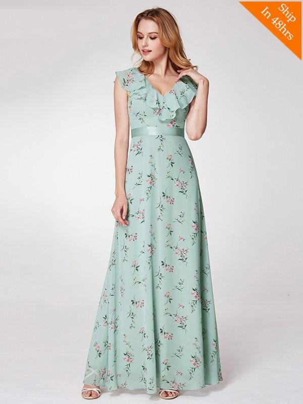 Floral V-neck Ruffles A-Line Bridesmaid Dresses - Mint Green / 4 / United States - bridesmaid dresses