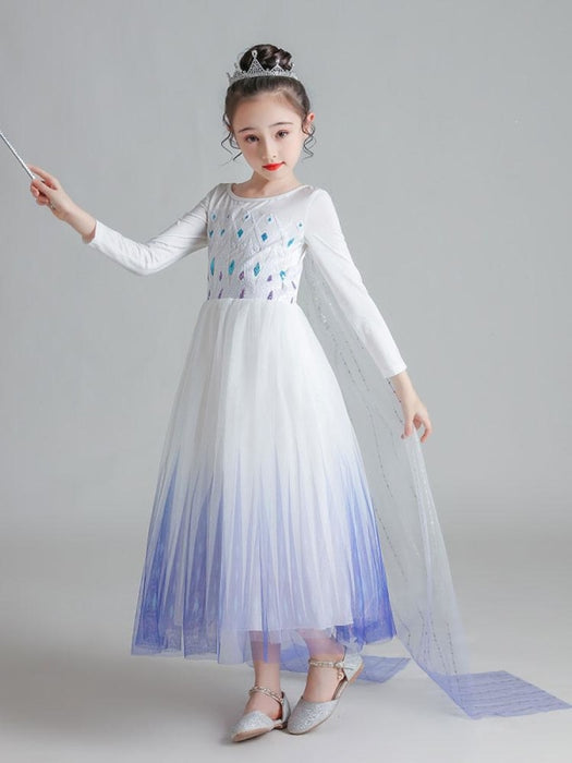 Flower Girl Dresses Light Sky Blue Jewel Neck Polyester Long Sleeves Tea-Length A-Line Polyester Cotton Tulle Sequins Formal Kids Pageant Dresses