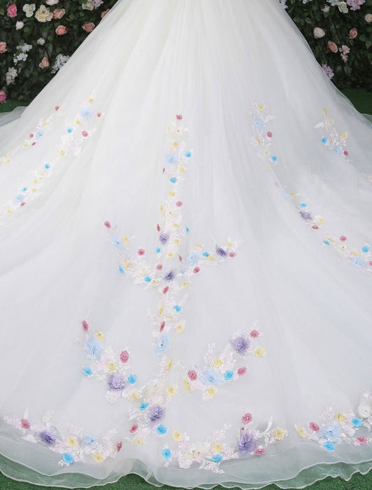 Flowers Quinceanera Dresses White Luxury Off The Shoulder Rhinestones Beading Short Sleeve Women's Pageant Dresses With Train