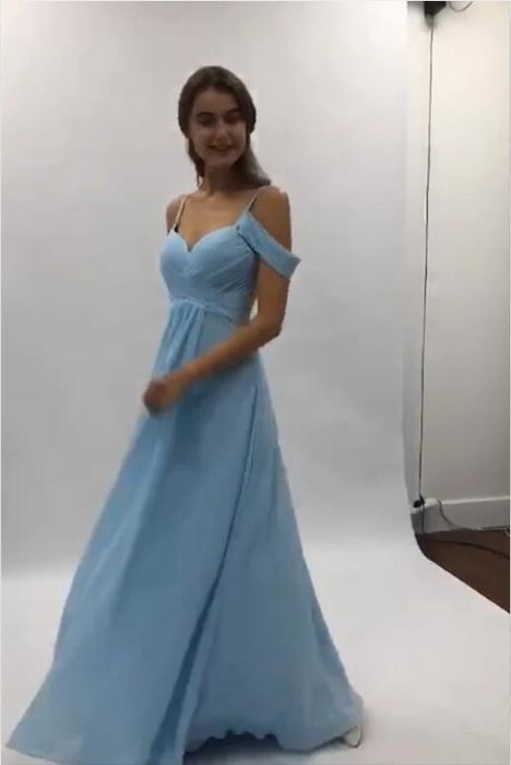 Flowy A-line Light Blue Chiffon Long Prom Simple Party Dresses with Pleats - Prom Dresses