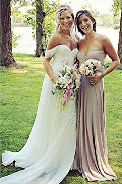 Flowy Off the Shoulder Vintage Boho Wedding Dress Cheap - Bridelily Flowy Off the Shoulder Vintage Boho Wedding Dress Cheap - Bridelily