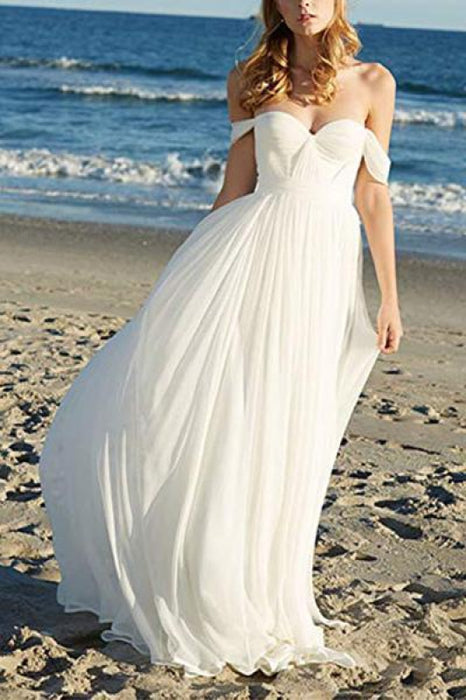 Flowy Off the Shoulder Vintage Boho Wedding Dress Cheap - Bridelily Flowy Off the Shoulder Vintage Boho Wedding Dress Cheap - Bridelily