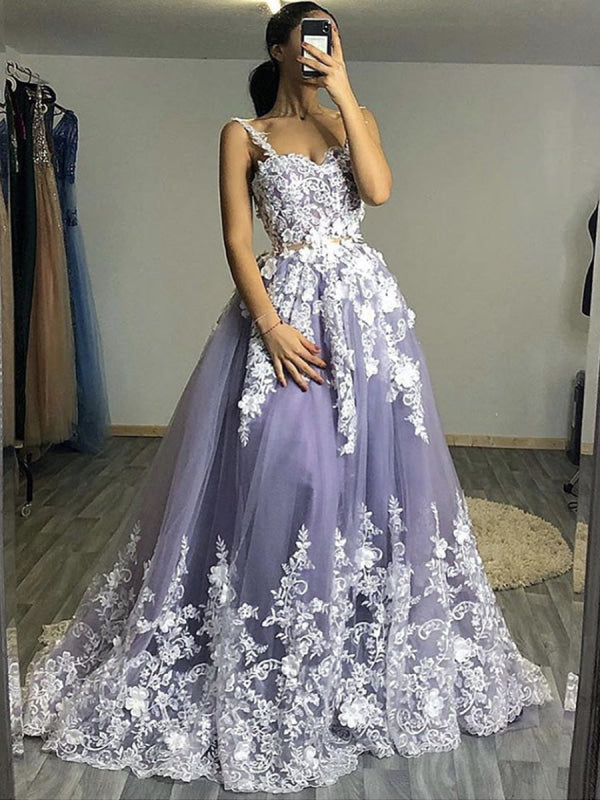 Fluffy White Floral Lace Top Gray Long Prom Dresses, Floral Lace Gray Bridelily Fluffy White Floral Lace Top Gray Long Prom Dresses, Floral Lace Gray Bridelily